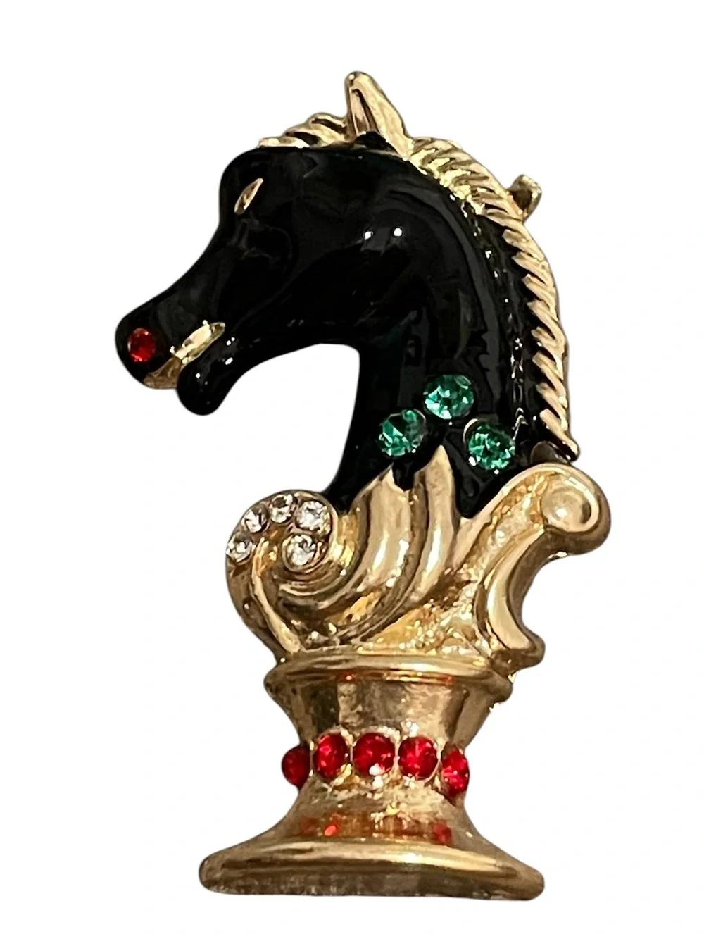 Black Enamel Horse Head Brooch with Colored Rhinestones